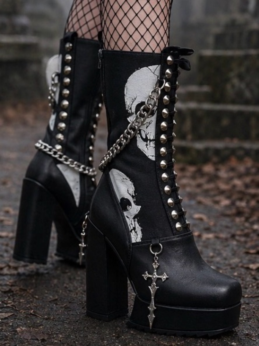 Lamoda Moonfall Goth Punk Studded Skull Platform Chain Boots